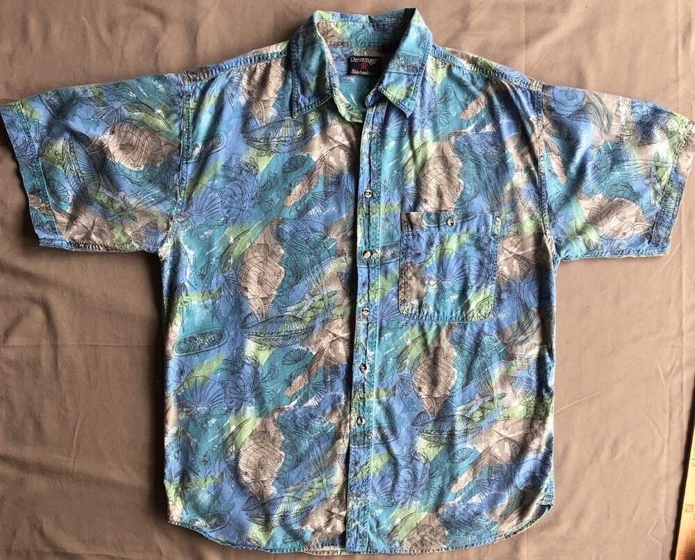 Vntg Revenge Shirtmakers Hawaiian Shirt Men L Fish Shells Cotton Blue AOP India